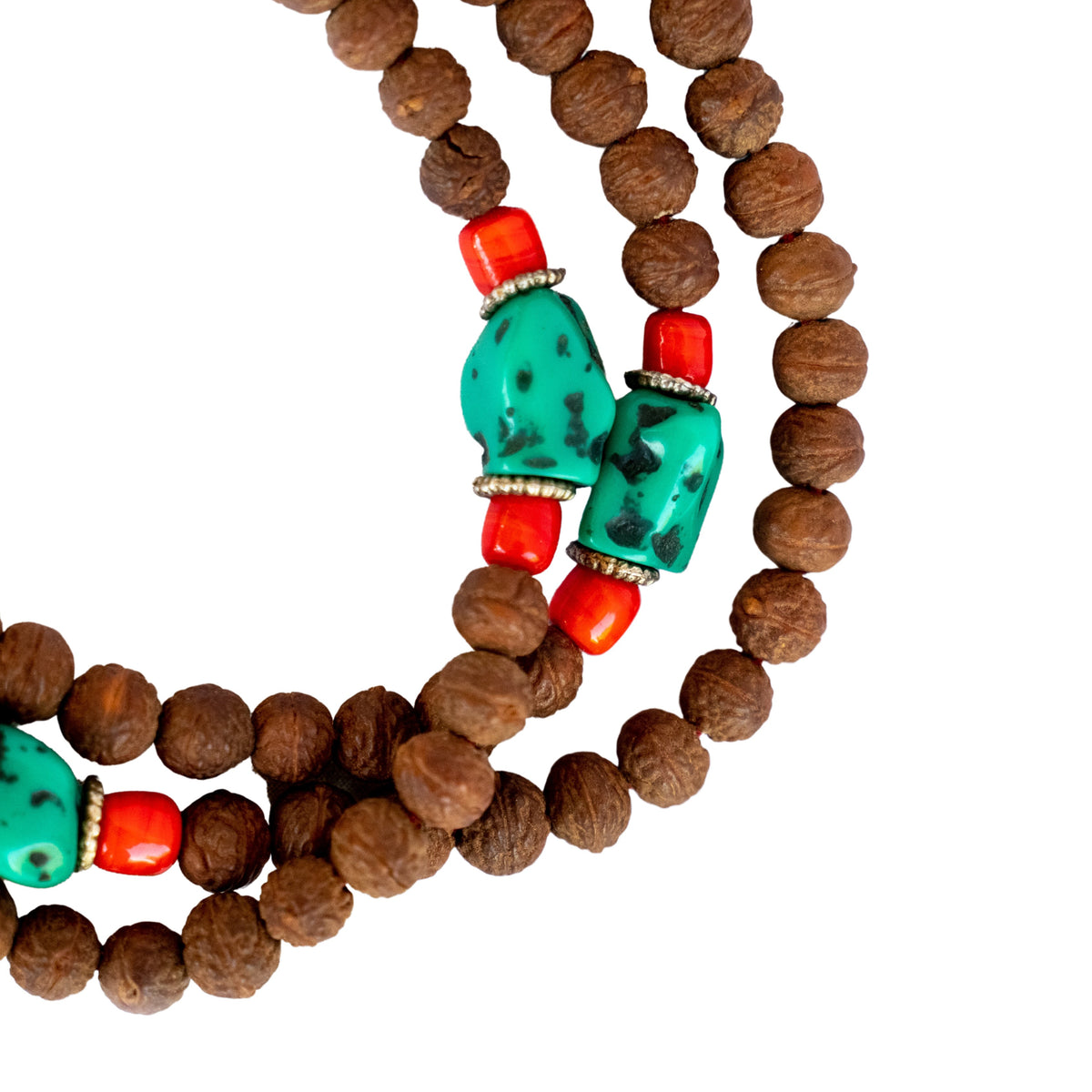 Rudraksha Mala w/ Turquoise and Coral